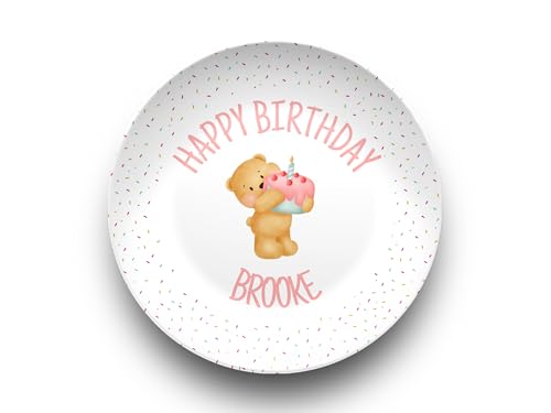 Mardonyx Personalized Unbreakable Smash Cake Plate for Birthday - Pink Bear Confetti - Dishwasher & Microwave Safe - Custom 1st Birthday Smash Cake Plate