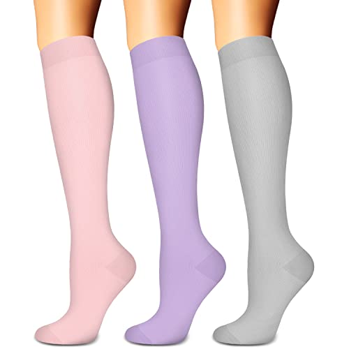 Sunfeeling Compression Socks For Women & Men Circulation (3 Pairs) - Best Support For Running Nurses Recovery A Pink/Purple/Light Grey Small-Medium #TOP8