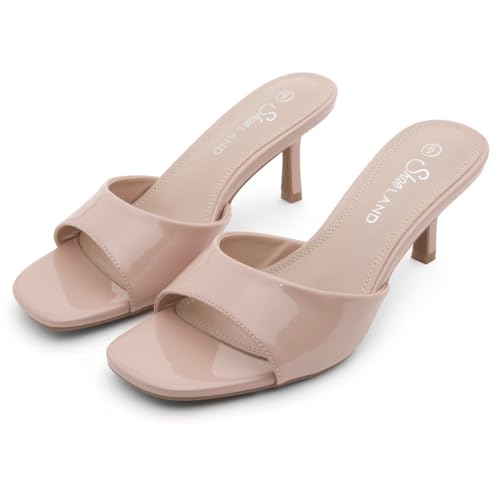 Image of Shoe Land Women's Low Heels Stiletto Heeled Slides, Open Toe One Band Slip-On Heeled Mules - Dressy Heeled Sandals for Prom, Party Wedding and Vacation