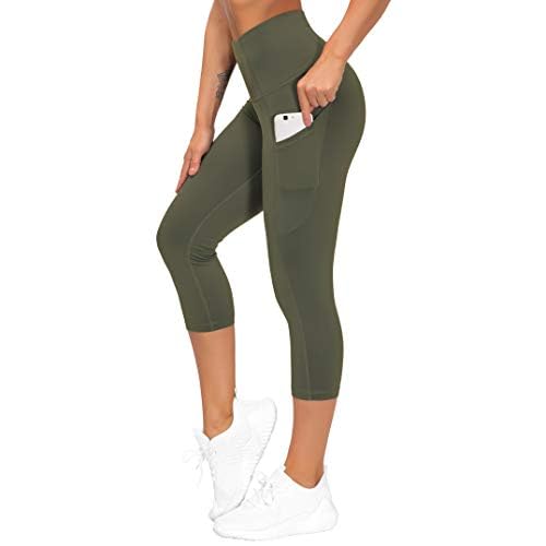 THE GYM PEOPLE Thick High Waist Capris Yoga Pants with Pockets, Tummy Control Workout Running Yoga Leggings for Women Olive Green Large