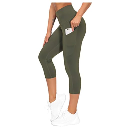 THE GYM PEOPLE Thick High Waist Yoga Pants with Pockets, Tummy Control Workout Running Yoga Leggings for Women (Large, Z-Capris Olive Green)