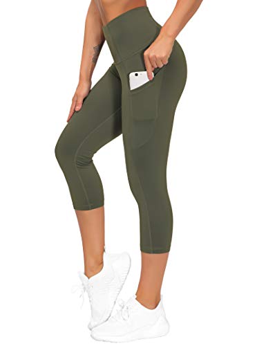 Image of THE GYM PEOPLE Thick High Waist Capris Yoga Pants with Pockets, Tummy Control Workout Running Yoga Leggings for Women