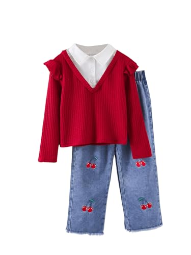 Image of GORGLITTER Girl's 2 Piece Outfits Ruffle Trim Long Sleeve Sweater Cherry Embroidered Jeans Red and Blue 7Y