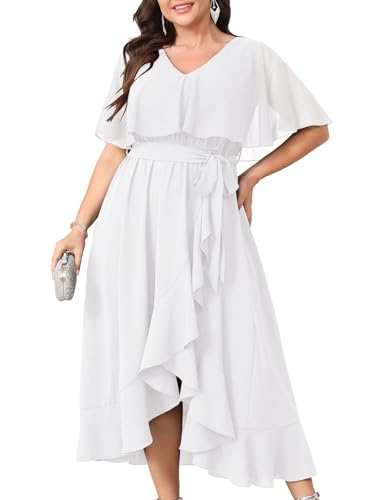 Image of Women Plus Size Long Formal Dress Short Sleeve Chiffon Ruffle V Neck High Low Split Wedding Guest Maxi Dresses