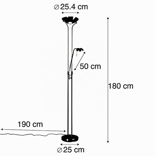 Qazqa led Modern Deckenfluter mit Lesearm, Stehleuchte, Stehlampe - Diva - Schwarz, Rund, inkl. 18W integrierter LED, dimmbar, 2-flammig, 180cm, Ideal als Bürolampe und Schlafzimmerlampe