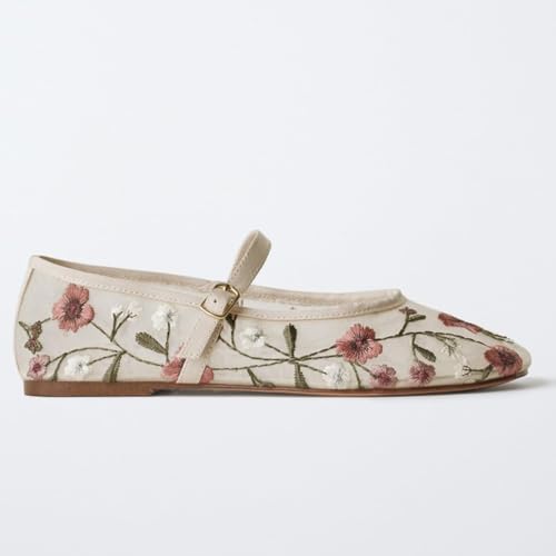 Image of Mesh Ballet Flats for Women Embroidered Floral Mary Jane Flats Round Toe Slip On Ballerina Shoes Comfortable Casual Daily Dress Flat Shoes