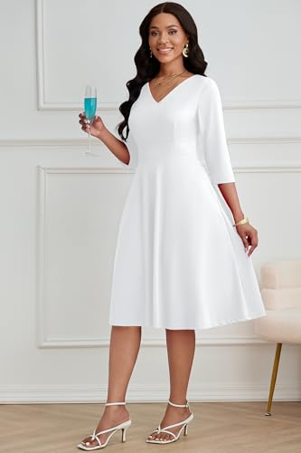 CLOCOR Women's Casual Midi Dress,Church A-Line V-Neck 3/4 Sleeve Dress with Pockets2