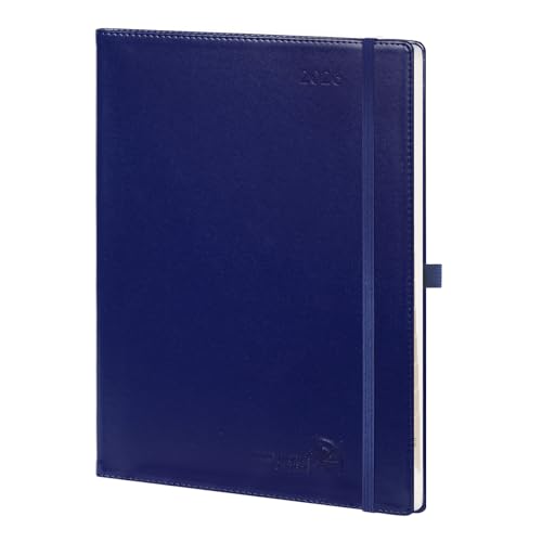POPRUN Terminplaner 2026 A4 auf Deutsch - Wochenplaner mit 15-Minuten-Taktung & Monatsregister. Kalender 2026 Buchkalender mit PU-Leder Softcover - Marineblau