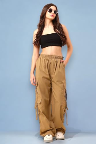 Image of SQew Women's High Waist Baggy Cargo Pants | Loose Fit Parachute Utility Trousers with Multiple Pockets | Casual Streetwear Pants