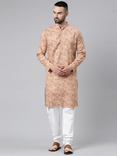 Image of Majestic Man Men's Cotton Regular Fit Casual Mandarin Collar Ethnic Motifs Printed Long Regular Kurta