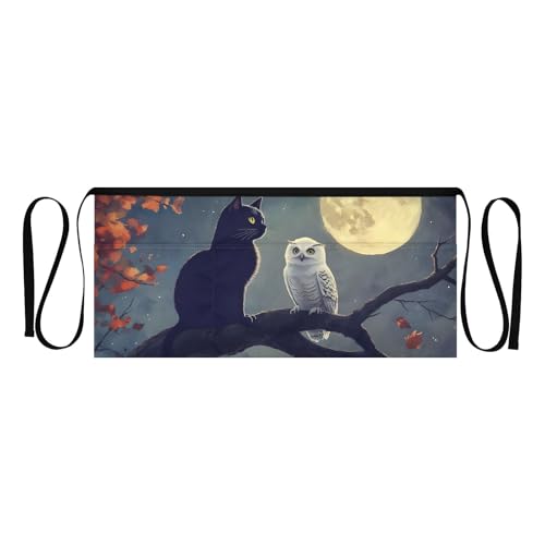 ODAWA Black Cat White Owl Short Apron Waist Apron with Pockets for Women Cooking Half Aprons for Women