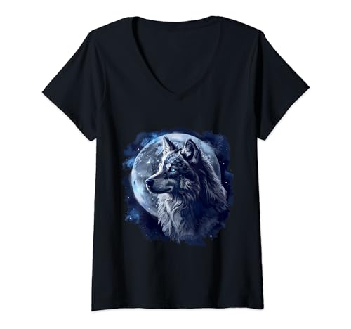 Damen Wolf T-Shirt Wolfs Motiv in bunten Farben Geschenke Wolf T-Shirt mit V-Ausschnitt