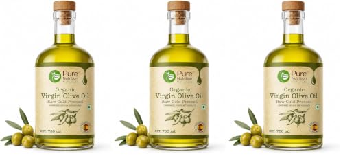 Image of PURE NUTRITION NATURAL TREASURES Organic Extra Virgin Olive Oil 750ml Glass Bottle - 100% Pure, Cold-Pressed In Glass Bottle|Ideal For Salad Dressings, Sauteing & Drizzling (Pack of 3)