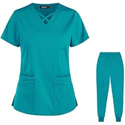 Uniformes De Trabajo Para Mujeres Gorditas PengGengA Set de Exfoliante para Mujer Túnicas de Salud Manga Corta Cuello en V Tops Pantalones con Bolsillos (Lago Azul, M)