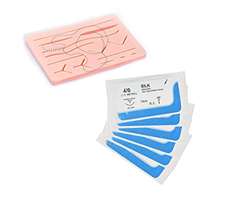 Almohadilla de práctica de sutura 3 capas 14 heridas 13 x 18 cm con 6 hilos de seda trenzada Almohadilla de sutura de piel de silicona Práctica de estudiantes y enfermeras médicas y veterinarias