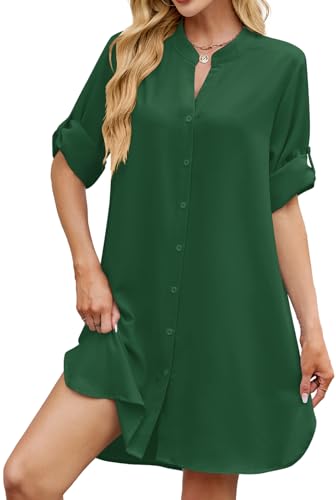 Image of PerZeal Womens Sexy V Neck Button Down Shirt Dresses Summer Short Sleeve Casual Loose Blouses & Button-Down Shifts Cover Ups