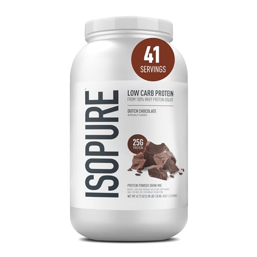 Isopure Low Carb 100% Pure Whey Isolate Protein Powder, Gluten Free, With Vitamins, Dutch Chocolate, 25g Protein Per Serving, 3.07 Lbs, 41 Servings (Packaging May Vary)