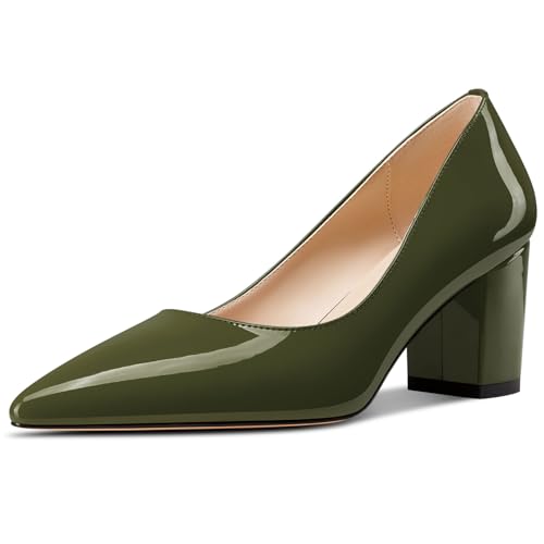 Aachcol Womens Mid Chunky Block Heel Pointed Toe Pumps Slip-on Patent Leather Office Party Dress...