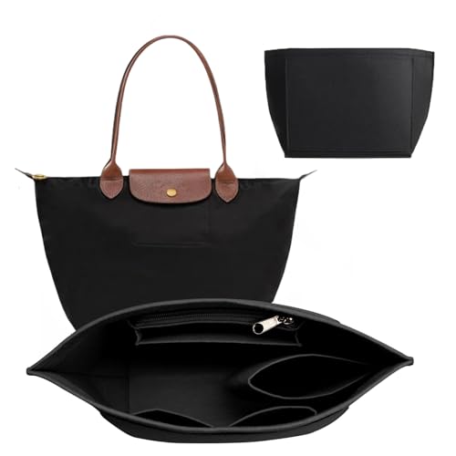 : GaoBangM Bag Insert Organizer for Longchamp 7 Pocket Felt Purse Organiser with Zipper Multi-Compartment Handbag Liner Folding Tote Insert for Women Secure Fit Scratch-Proof Protection