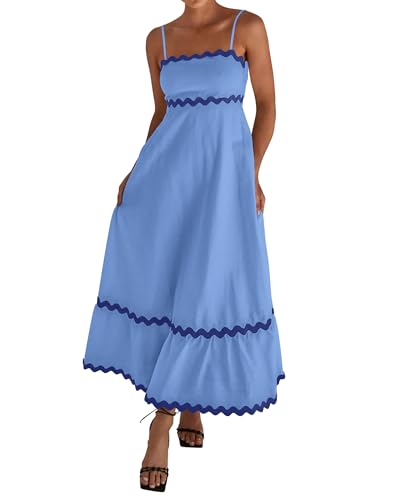 dowerme Women Summer Dresses 2025 Spaghetti Straps Sleeveless Smocked Rickrack Trim Boho Flowy Loose A-Line Midi Dress