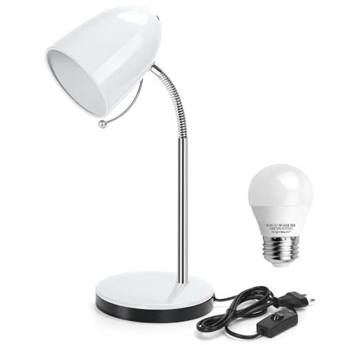 Aigostar Lámpara de Escritorio Retro de metal, Flexo LED Escritorio con Cable de 150cm, Lámpara de mesa con E27 Bombilla LED, Cuello de luz flexible, 6500K Luz Blanca, Máx 240V, Ra≥80, Blanco