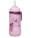 nip - Strohhalmbecher Straw Cup | Leichte, auslaufsichere Kindertrinkflasche mit Trinkhalm aus Silikon ab 12 Monaten. Einfach zu reinigen, 330 ml, Motiv Giraffe, rosa