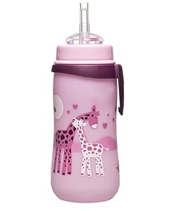 nip - Strohhalmbecher Straw Cup | Leichte, auslaufsichere Kindertrinkflasche mit Trinkhalm aus Silikon ab 12 Monaten. Einfach zu reinigen, 330 ml, Motiv Giraffe, rosa