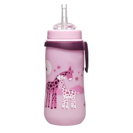 nip - Strohhalmbecher Straw Cup | Leichte, auslaufsichere Kindertrinkflasche mit Trinkhalm aus Silikon ab 12 Monaten. Einfach zu reinigen, 330 ml, Motiv Giraffe, rosa