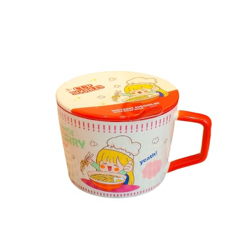 TVTKEインスタントラーメンボウル、陶器製蓋付きラーメン丼、かわいい、ガーリー 、袋麺 即席麺 ご飯丼ぶり 飯碗 煮物鉢 丼椀 サラダボウル 業務用 家庭用 日常使い 男女兼用 誕生日 記念日 贈り物 (レッド)