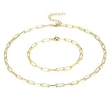 BOUTIQUELOVIN 14K Gold Plated Paperclip Link Chain Choker Necklace Bracelet Set for Women Layered Necklaces Non-Tarnish Dainty Jewelry