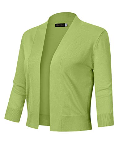 GloryStar Womens 3/4 Sleeve Cropped Cardigan Sweaters Open Front Knit Short Bolero Shrugs (XX-Large, Lime)