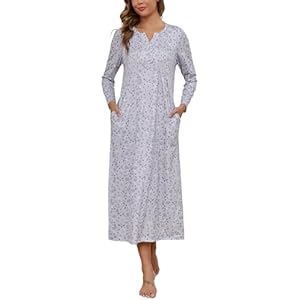 Marvmys Womens Cotton Long Sleeve Nightgowns Soft Ladies Sleep Shirts V Neck Full Length Night Shirts Sleepwear with Pockets Black Small