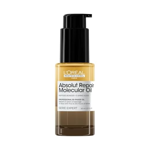 L’Oréal Professionnel Aceite Bifásico Reparador, 100 Horas Brillo, Antifrizz, Protector Térmico, Sin Aclarado, Cabello Dañado, Absolut Repair Molecular, MINI 30ml