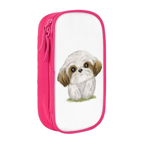 萌え シーズー 犬ペンケース 筆箱 文具ケース おしゃれ 筆袋 鉛筆ケース 鉛筆のサック 中高校生 軽量 収納バッグ 学生 子供 誕生日 入学ギフト 大容量 ダブルレイヤーPink