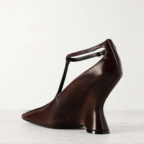 Women's Leather Wedge Slingback Heels with Adjustable Ankle T-Strap Buckle, Square Closed Toe Pumps, Fashion Evening Party Shoes2