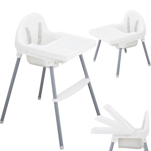 ALMAR Baby Trona para Bebé con Bandeja Extraíble y Arnés de Seguridad – Silla de Comer Infantil Estable, Fácil de Limpiar y Montaje Rápido – Color Blanco y Gris