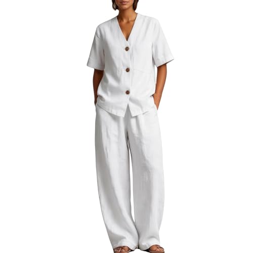 Ropa de salón de lino para mujer contra el calor con camisa y pantalón ancho