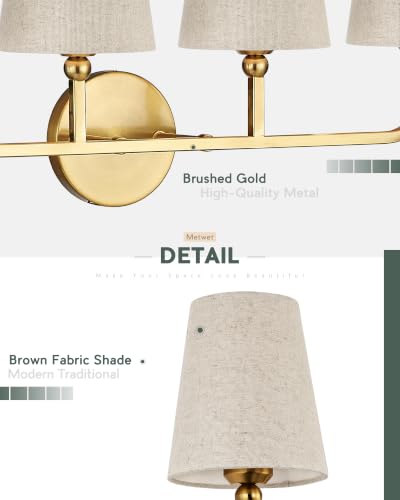 Image of 4-Light Brushed Gold Bathroom Vanity Light, Brown Linen Fabric Shade | 28 Inch gold bathroom light fixture over mirror, UL listed, E26 bulbs, hardwired, upward only, VL837-BG-L-4