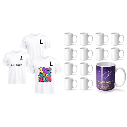 Joyclub Bundle of 3 Pack White Blanks T Shirts and 12 Set 15 oz Sublimation Mugs Blank