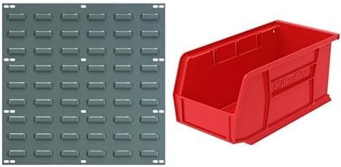 Akro-Mils 18"x19" Steel Wall Mount Louvered Panel with 12-Pack of 11 x5 x5 AkroBins Stackable Plastic Storage Bins (Red), Organization Bundle for Garage, Workshop, Classroom