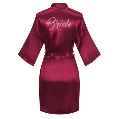 Image of Women's Bride Bridesmaid Robes Short Satin One Size Silver Rhinestones Wedding Party Getting Ready Sleepwear