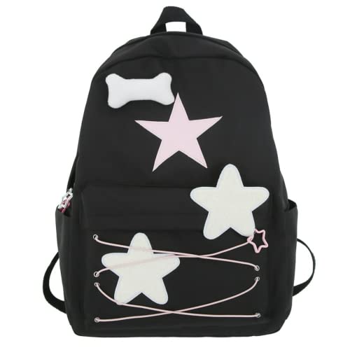 Preppy Backpack Cute Stars Pattern Korean Style Backpack Aesthetic College Book Bag for Work Travel (One Size,Black)
