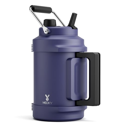Image of 1 Gallon Insulated Water Bottle for Sports: Meoky 128 oz Triple Wall Vacuum Stainless Steel Water Jug - Top and Side Handles, Cold for 48 Hrs, 2-in-1 Straw and Spout Lid, Leak Proof for Hiking (Navy)