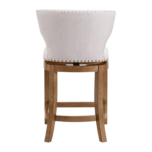 Image of ROME + OAK Carlynd 26 inch Counter Stool, Set of 2 Low Back Swivel Kitchen Barstool in Weathered Oak Finish with Sand Fabric Upholstered Seat