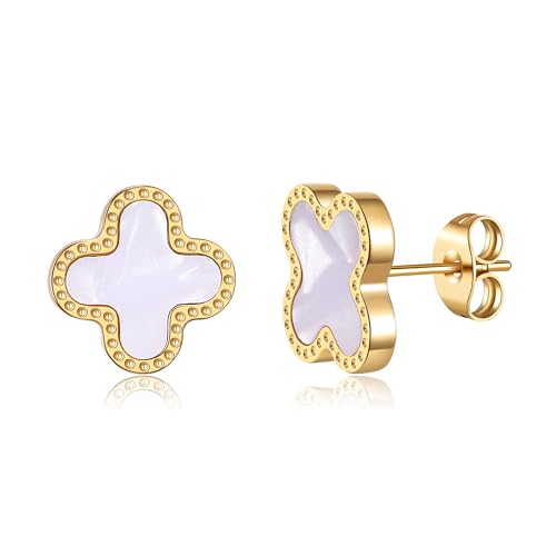 AIPPK 18K Gold Plated Clover Earrings for Women Four Leaf Clover Stud Earrings Lucky Dangle Earrings Fashion Simple Jewelry Gifts for Women (White)