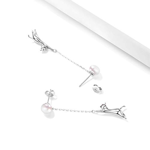 Elegant Women Pearl Stud 925 Sterling Silver Cat Dangle Earrings #TOP4