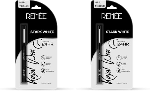Image of RENEE Kajal Pen with Sharpener - Stark White | 24 Hrs Stay | Long Lasting Kohl Pencil | Matte Finish | Rich Color Payoff | Smudge & Waterproof | One Swipe Application Formula | 0.35gm (Pack of 2)