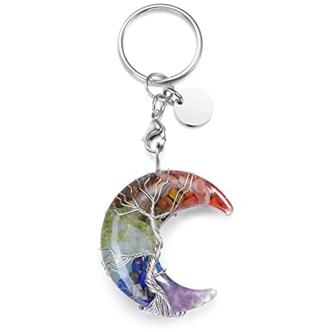 MANIFO 7 Chakra Crystal Keyring Tree of Life Wire Wrapped Moon Quartz Gemstone Resine Crystals Keychain Jewelry, 7 Chakra Crystal, Standard Cover