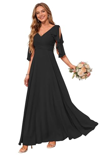 Image of Women Bridesmaid Dresses with Sleeves for Wedding V Neck Chiffon Long A Line Pleated Formal Evening Gown