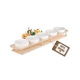 Hotty – TapasBar L mit 5 Keramikschalen auf Holz Servierplatte mit Griffen für Tapas, Antipasti & Dips – Spülmaschinenfeste Dipschalen für BBQ, Grillabende & Snacks - Platzsparendes Design - Natur
